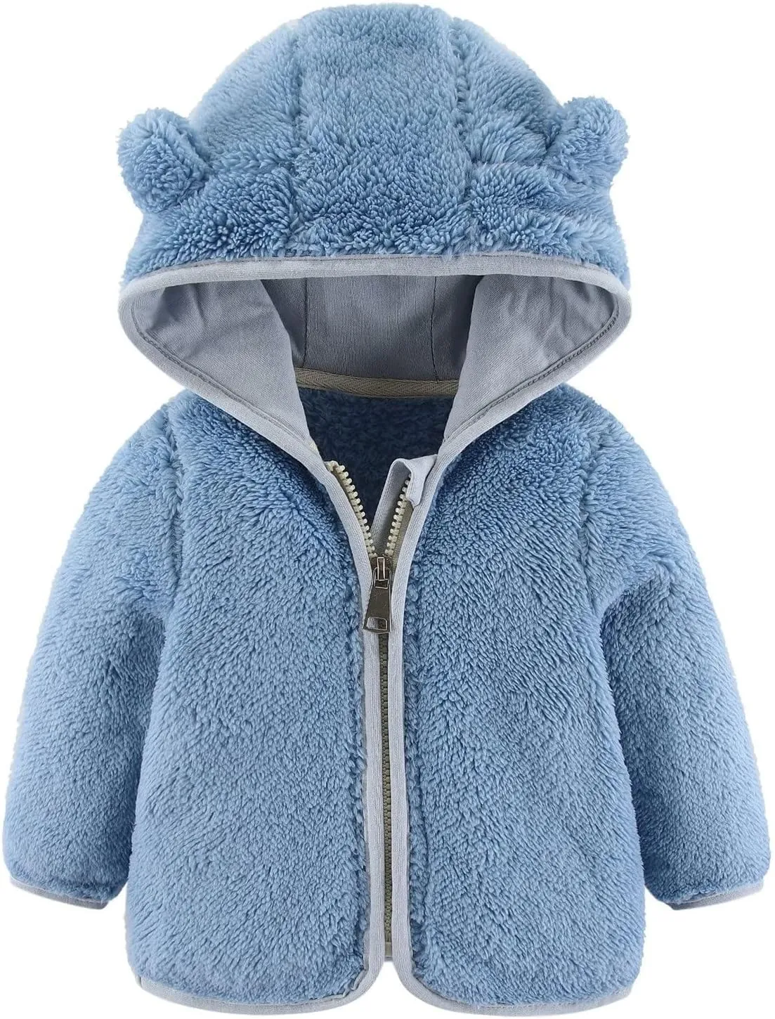 Newborn Girls Boys Fleece Jacket Bear Ears Style Solid Hooded Outerwear Zipper Warm Long Sleeve Winter Coat