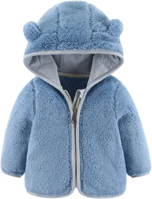 Newborn Girls Boys Fleece Jacket Bear Ears Style Solid Hooded Outerwear Zipper Warm Long Sleeve Winter Coat