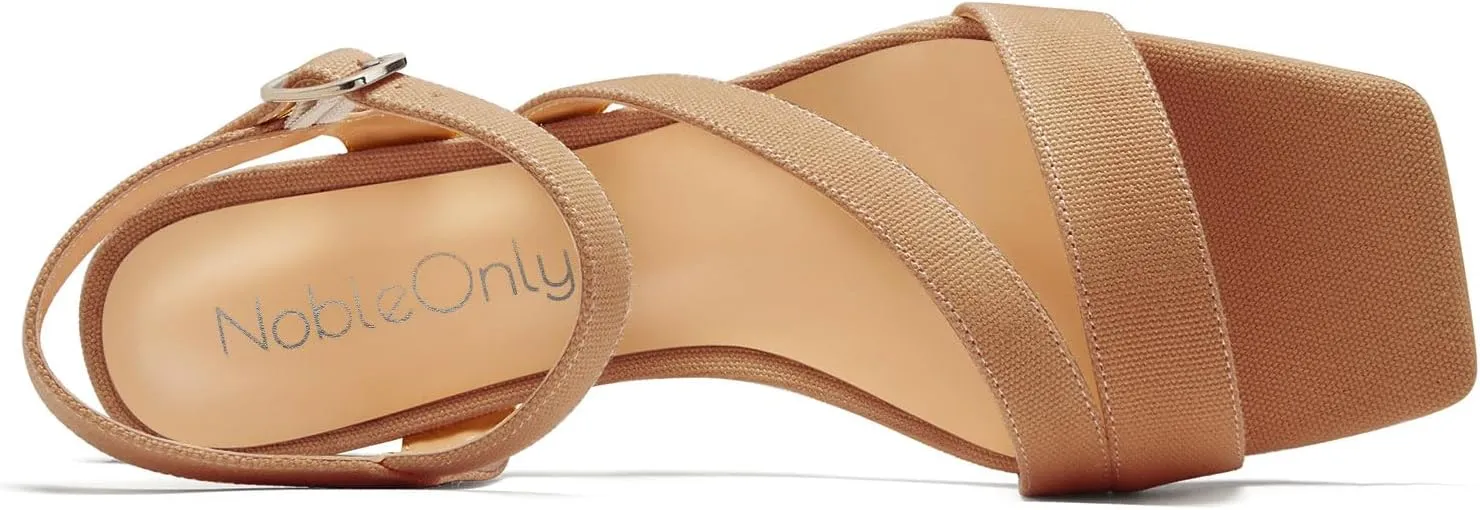 NobleOnly Womens Mid Block Heel Open Toe Ankle Strap Buckle Sandals Casual Office Dress Denim Summer Shoes 2.0 Inches Heels