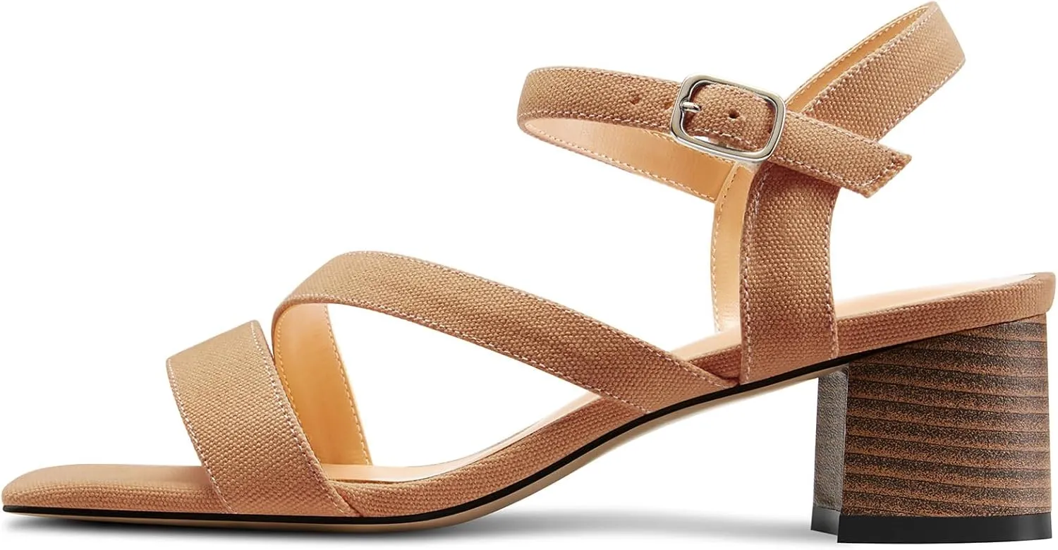 NobleOnly Womens Mid Block Heel Open Toe Ankle Strap Buckle Sandals Casual Office Dress Denim Summer Shoes 2.0 Inches Heels