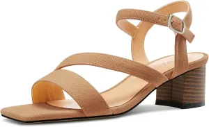 NobleOnly Womens Mid Block Heel Open Toe Ankle Strap Buckle Sandals Casual Office Dress Denim Summer Shoes 2.0 Inches Heels