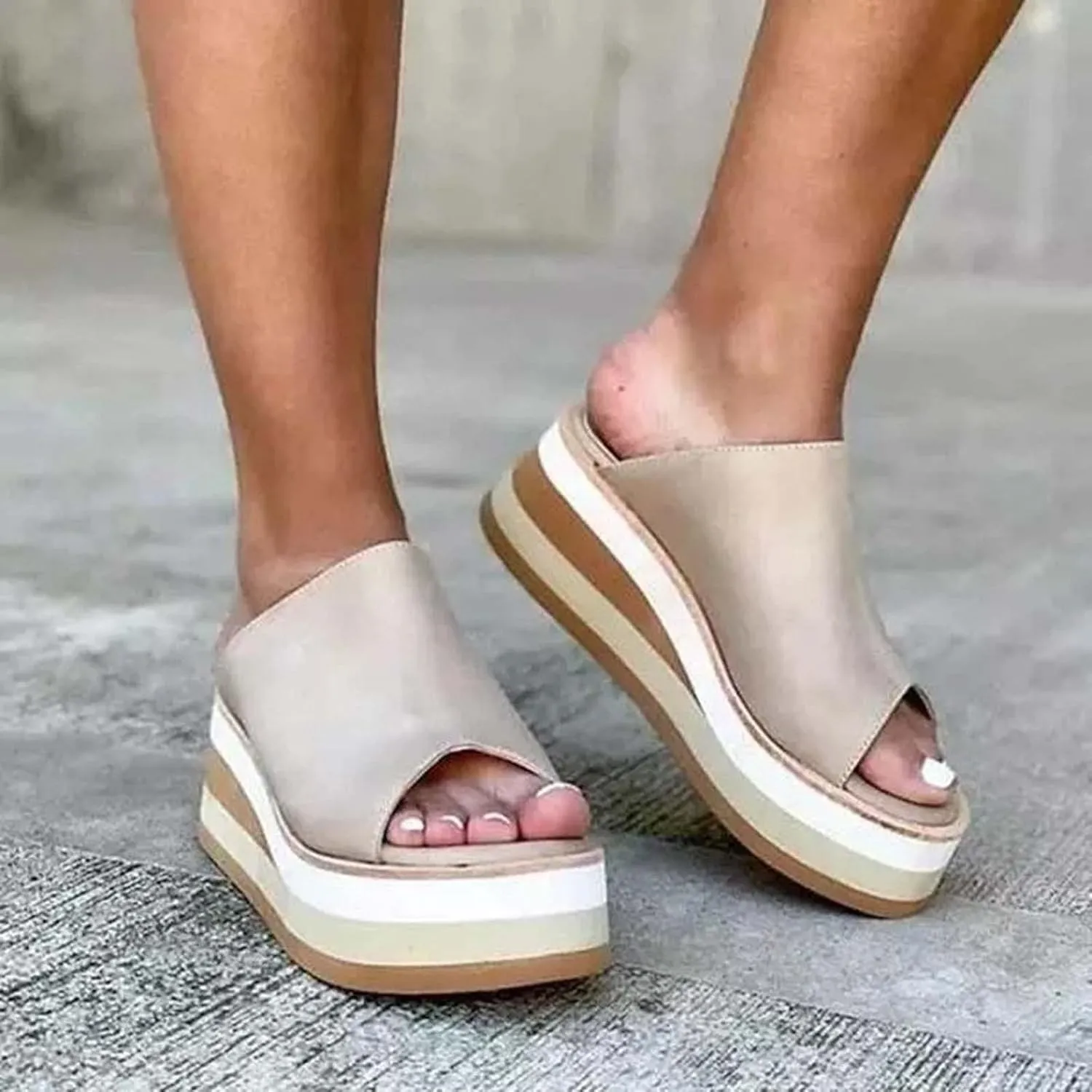 oiangi Summer Womens Wedge Platform Sandals Fashion Casual Fish Mouth Peep Toe Slip-on Chunky Slipper Comfortable Outdoor Ladies Beach Shoes Slides
