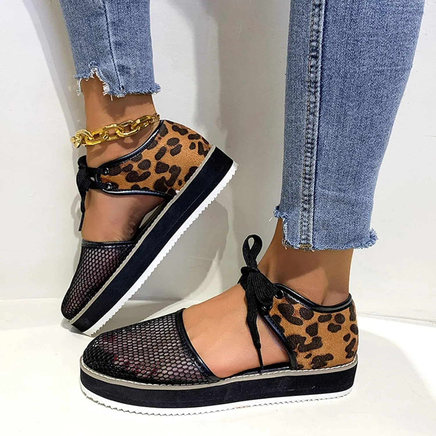 oiangi Womens Leopard Print Platform Sandals Fashion Breathable Mesh Cutout Lace Up Non-Slip Sandals Summer Comfy Casual Outdoor Ladies Shoes Sandalias