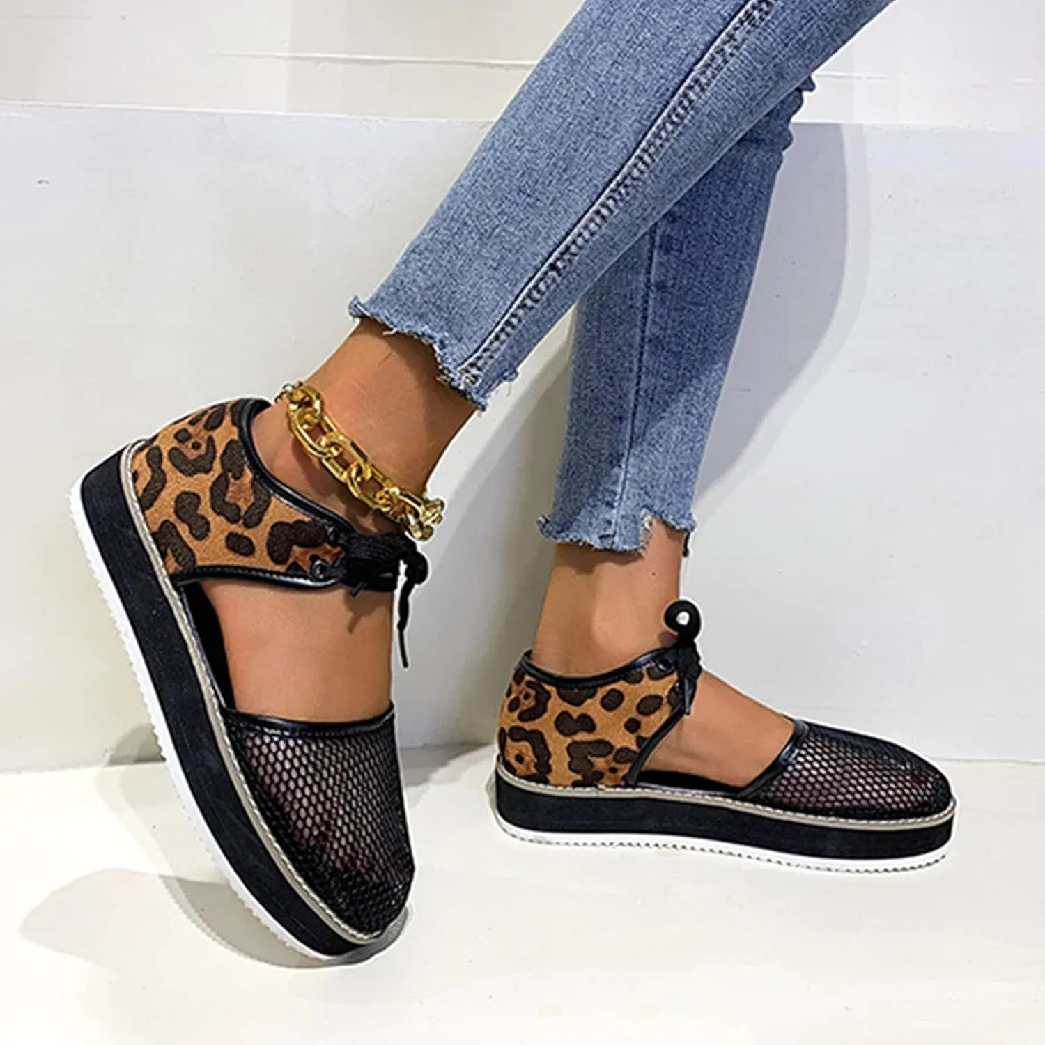 oiangi Womens Leopard Print Platform Sandals Fashion Breathable Mesh Cutout Lace Up Non-Slip Sandals Summer Comfy Casual Outdoor Ladies Shoes Sandalias