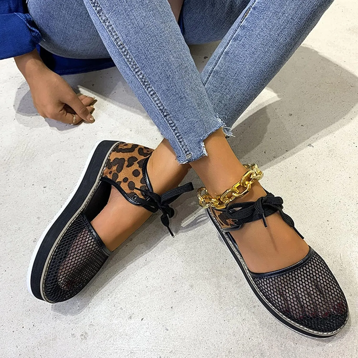 oiangi Womens Leopard Print Platform Sandals Fashion Breathable Mesh Cutout Lace Up Non-Slip Sandals Summer Comfy Casual Outdoor Ladies Shoes Sandalias