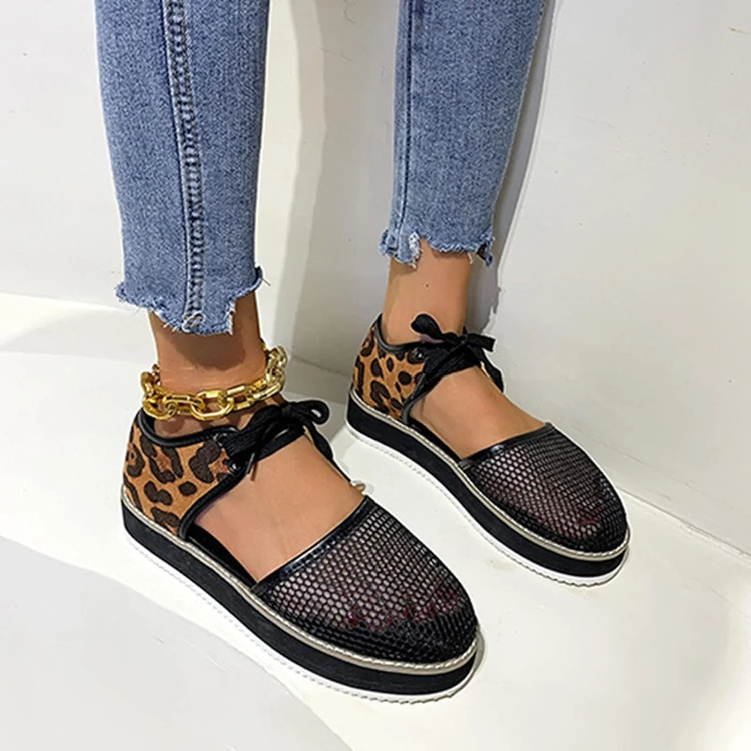 oiangi Womens Leopard Print Platform Sandals Fashion Breathable Mesh Cutout Lace Up Non-Slip Sandals Summer Comfy Casual Outdoor Ladies Shoes Sandalias