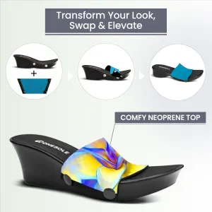 Onesole Black Elegance Blue Agave Blue Travel Kit, 2 Inch wedge lightweight Shoes, Interchangeable Blue Agave Leaves and Solid Turquoise comfy Tops, women's wedge Sandals, (Size 6)