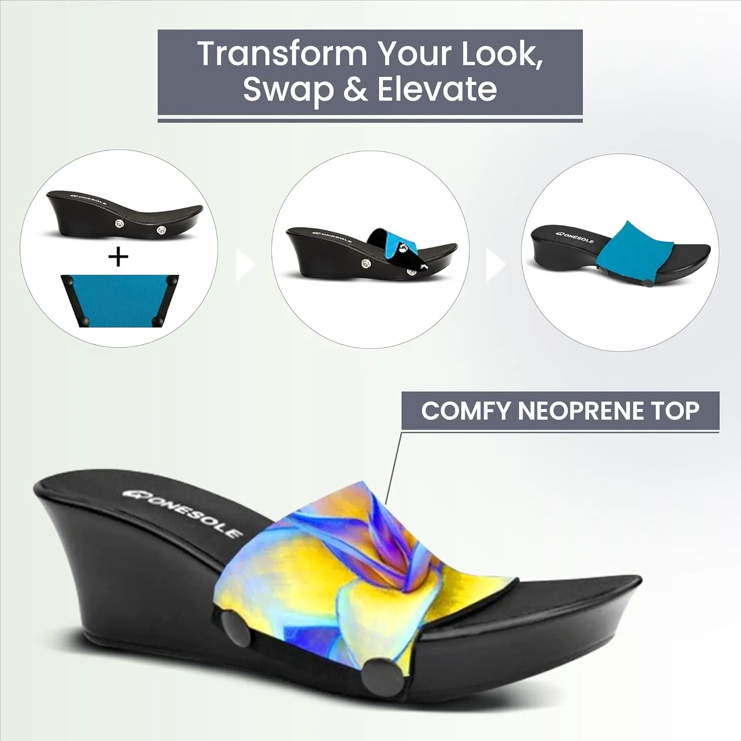 Onesole Black Elegance Blue Agave Blue Travel Kit, 2 Inch wedge lightweight Shoes, Interchangeable Blue Agave Leaves and Solid Turquoise comfy Tops, women's wedge Sandals, (Size 6)