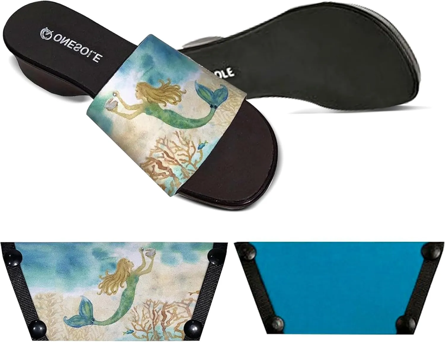 Onesole Mermaid Realm Black leisure Travel Kit, low Black wedge sole, Interchangeable Mermaid Realm and Turquoise Tops, Tops for women's wedge Sandals, As Seen on Shark Tank