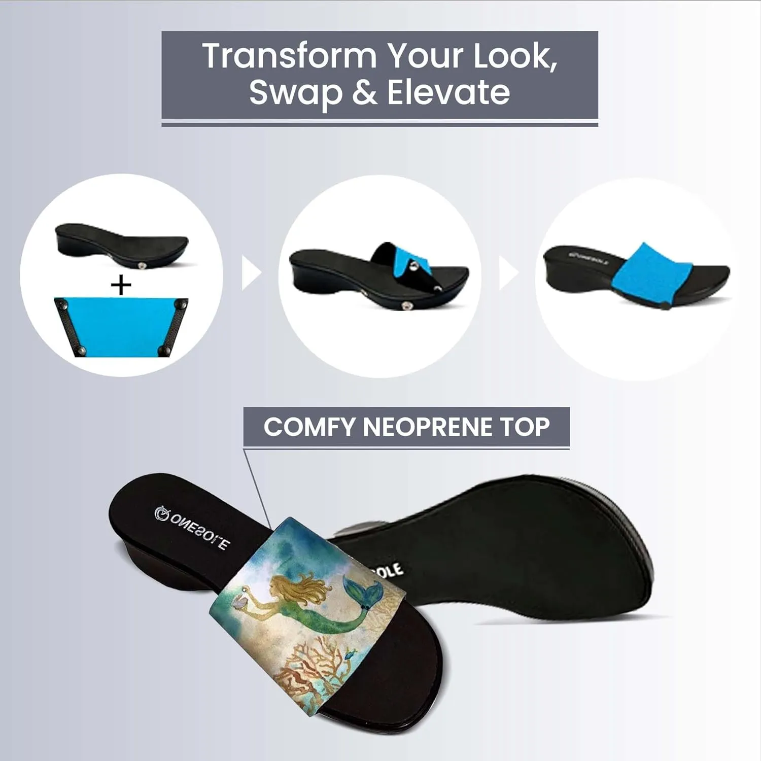 Onesole Mermaid Realm Black leisure Travel Kit, low Black wedge sole, Interchangeable Mermaid Realm and Turquoise Tops, Tops for women's wedge Sandals, As Seen on Shark Tank
