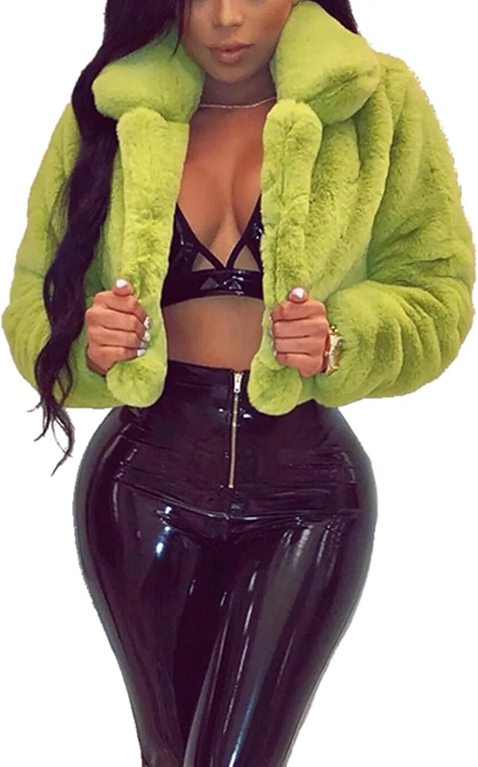 Ophestin Women Solid Color Long Sleeve Shaggy Lapel Faux Fur Coat Short Jacket Outwear Warm Winter