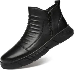 Optigard Men's Italian High-top Casual Leather Boots,Side Zipper Waterproof Non-Slip Warm Fur Lined Business Dress Booties Chelsea Chukka Ankle Boots for Men