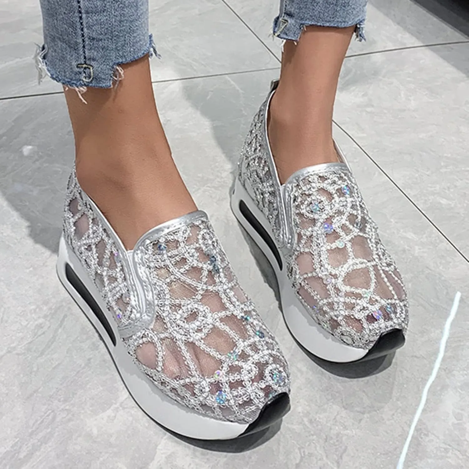 Orthopedic Shoes for Women Slip-on Walking Shoes Mesh Breathable Platform Sneakers Summer High Heel Hidden Sneaker