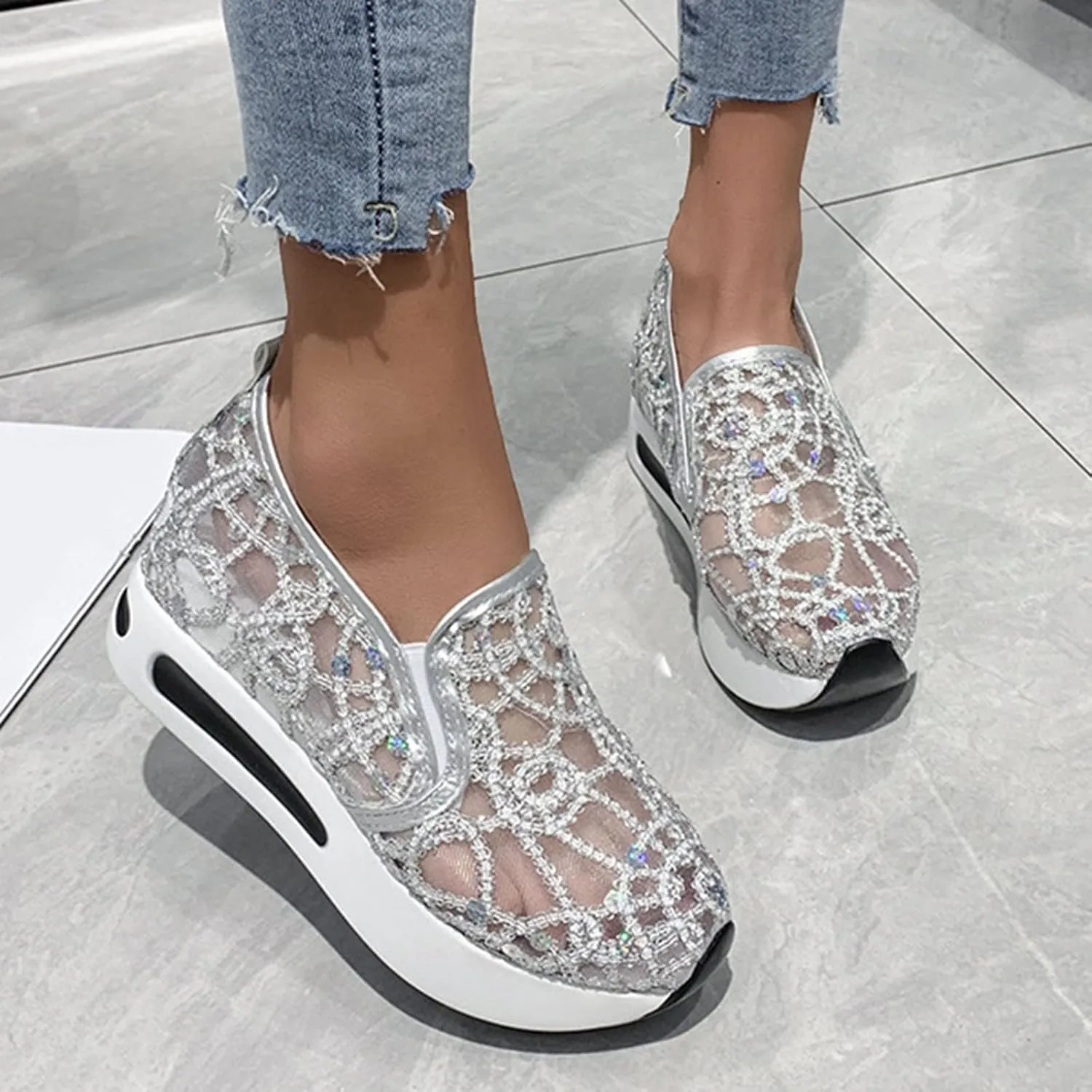 Orthopedic Shoes for Women Slip-on Walking Shoes Mesh Breathable Platform Sneakers Summer High Heel Hidden Sneaker