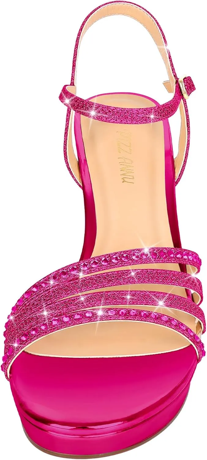 PIZZ ANNU Lena Women's Platform Heels High Block Chunky Sparkly Rhinestone Open Toe Ankle Strap Fashion Dress Pump Sandals Shoes for Party Wedding