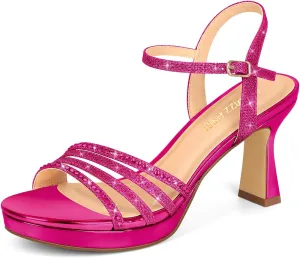 PIZZ ANNU Lena Women's Platform Heels High Block Chunky Sparkly Rhinestone Open Toe Ankle Strap Fashion Dress Pump Sandals Shoes for Party Wedding
