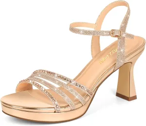 PIZZ ANNU Lena Women's Platform Heels High Block Chunky Sparkly Rhinestone Open Toe Ankle Strap Fashion Dress Pump Sandals Shoes for Party Wedding