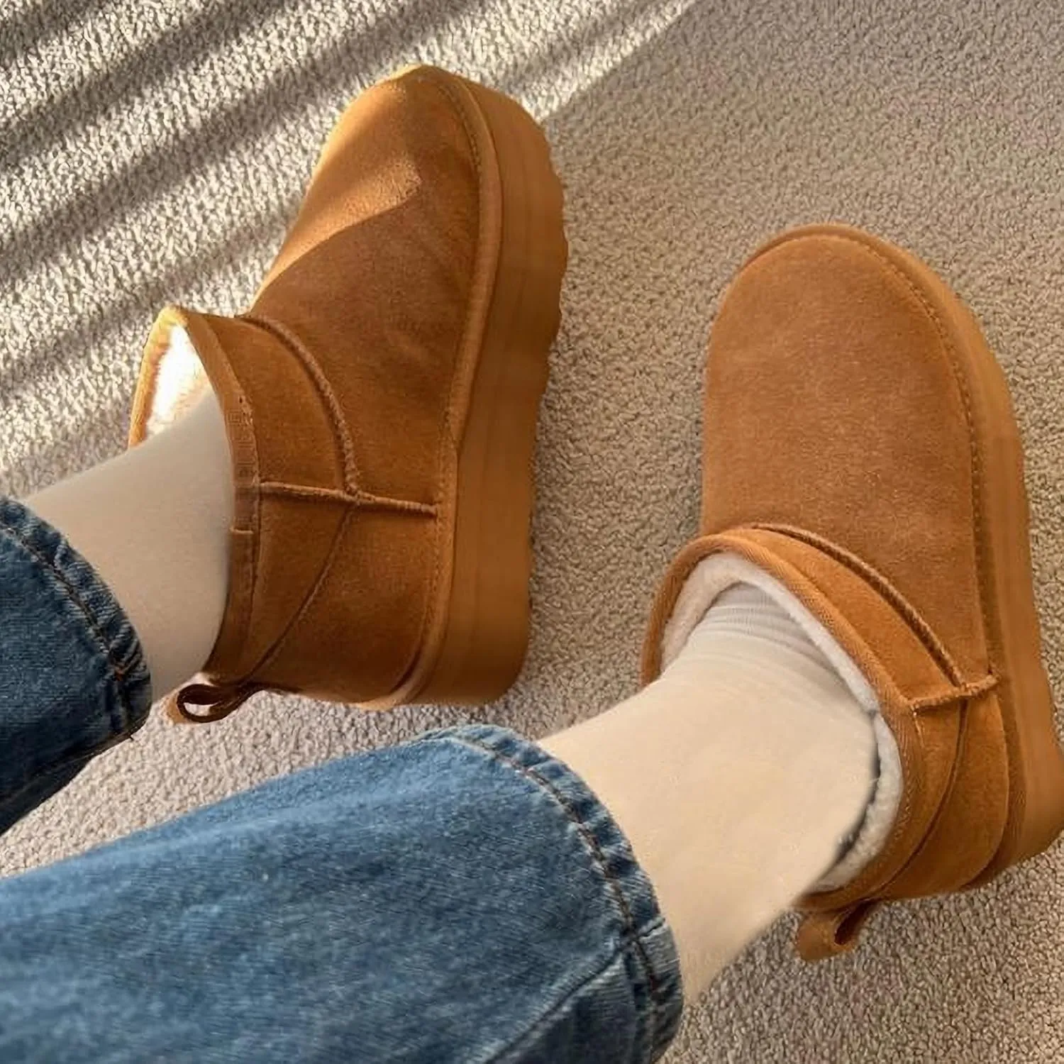 Platform Mini Boot for Women Genuine Suede Winter Snow Anti-Slip Short Ankle Boot Fur Fleece Lined Classic Ultra Boot for Outdoor