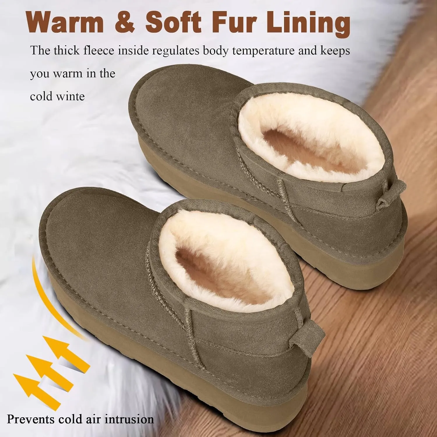 Platform Mini Boots for Women Suede Upper Winter Boots Warm Fur Fleece Lined Anti-Slip Sole Short Ankle Snow Boots for Indoor & Outdoor