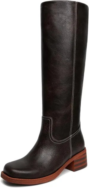 Platform Women's Knee High Square Toe Chunky Block Heel Long Wide Calf Riding Pull On Campus Boots