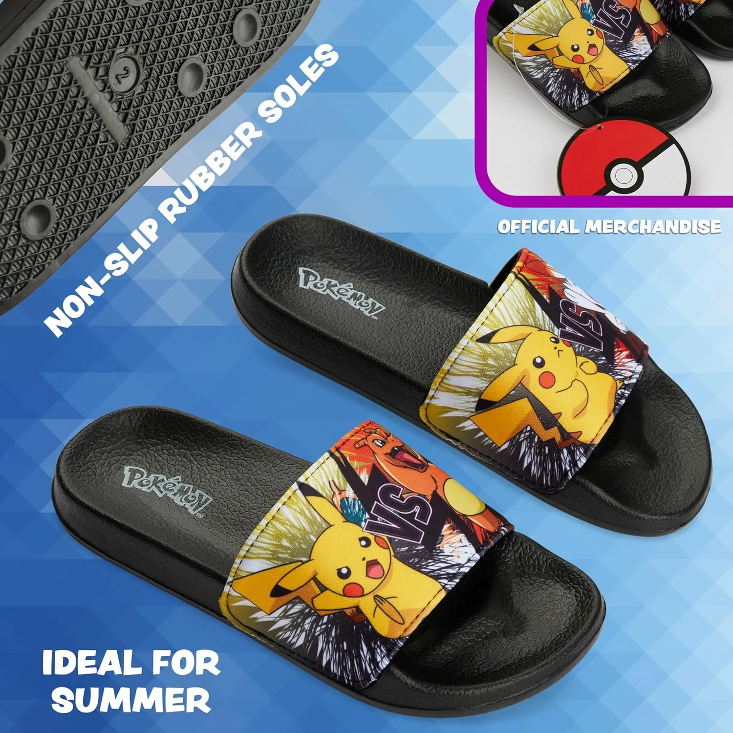 Pokemon Boys Slides, Beach or Pool Shoes for Kids - Gamer Gifts