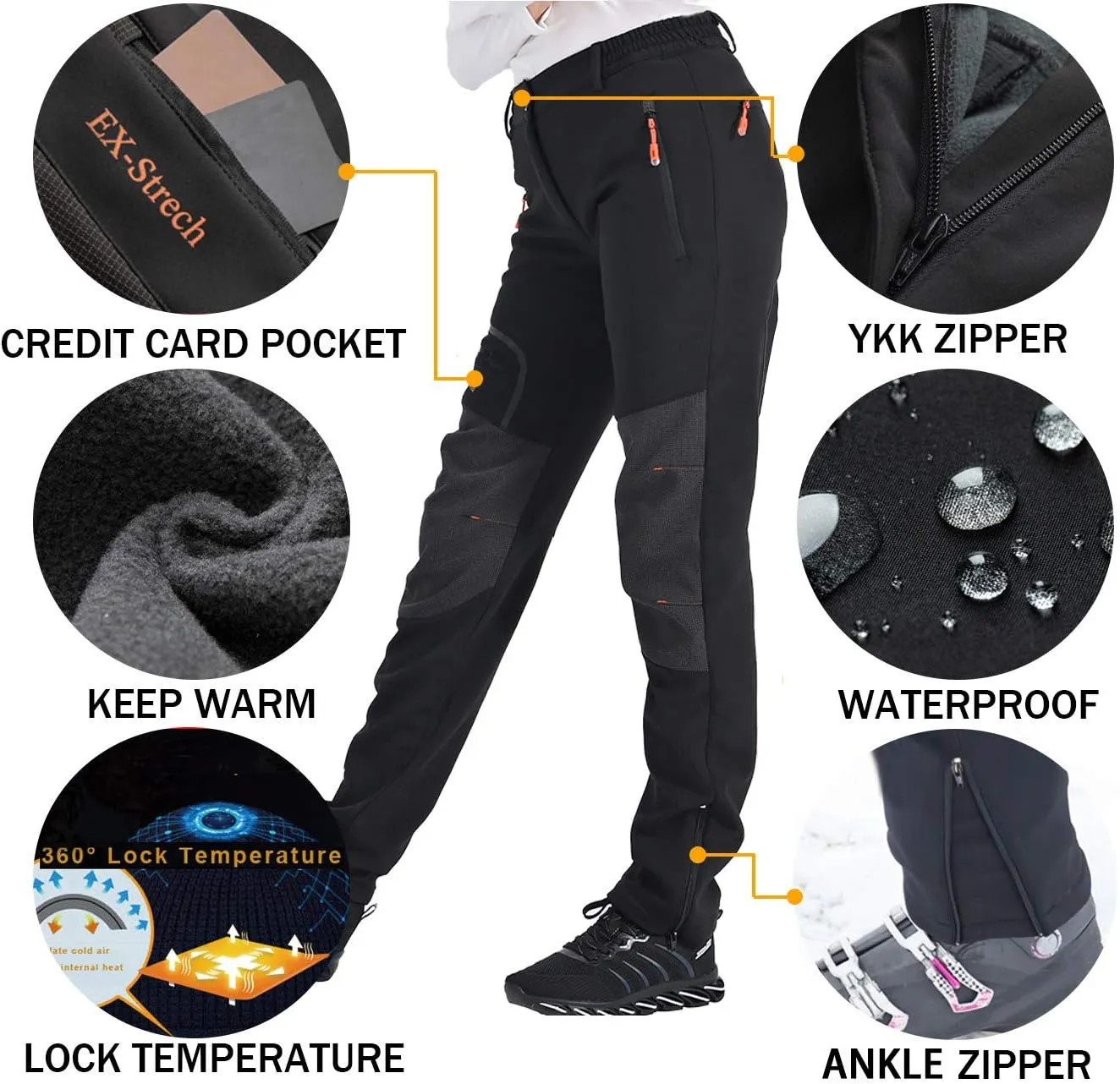 Postropaky Womens Outdoor Snow Ski Pants Waterproof Hiking Insulated Softshell Pants Snowboard Zipper Bottom Leg