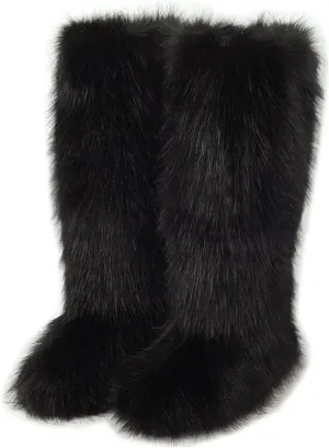 QMFUR Women's Furry Faux Fur Boot Fluffy Knee High Snow Boots Round Toe Suede Winter Comfy Plush Warm Outdoor Indoor Flat Shoes Fashion Boots