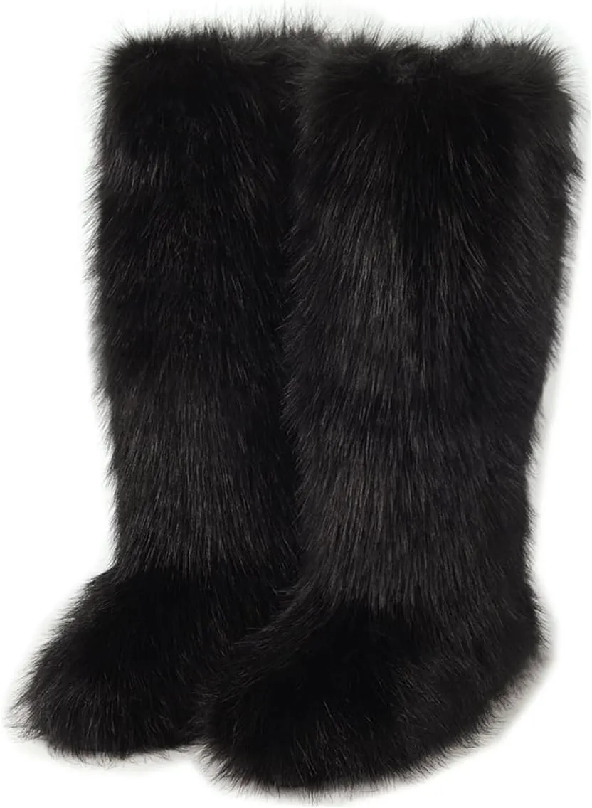 QMFUR Women's Furry Faux Fur Boot Fluffy Knee High Snow Boots Round Toe Suede Winter Comfy Plush Warm Outdoor Indoor Flat Shoes Fashion Boots