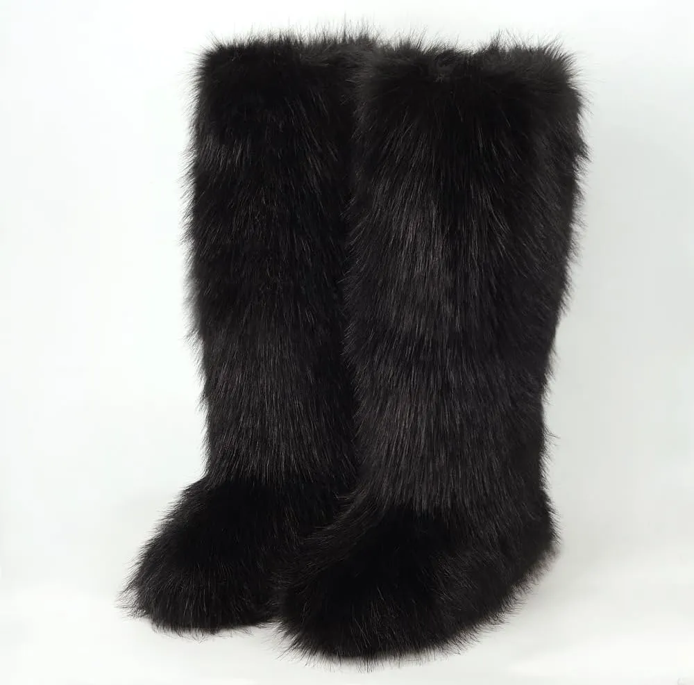 QMFUR Women's Furry Faux Fur Boot Fluffy Knee High Snow Boots Round Toe Suede Winter Comfy Plush Warm Outdoor Indoor Flat Shoes Fashion Boots