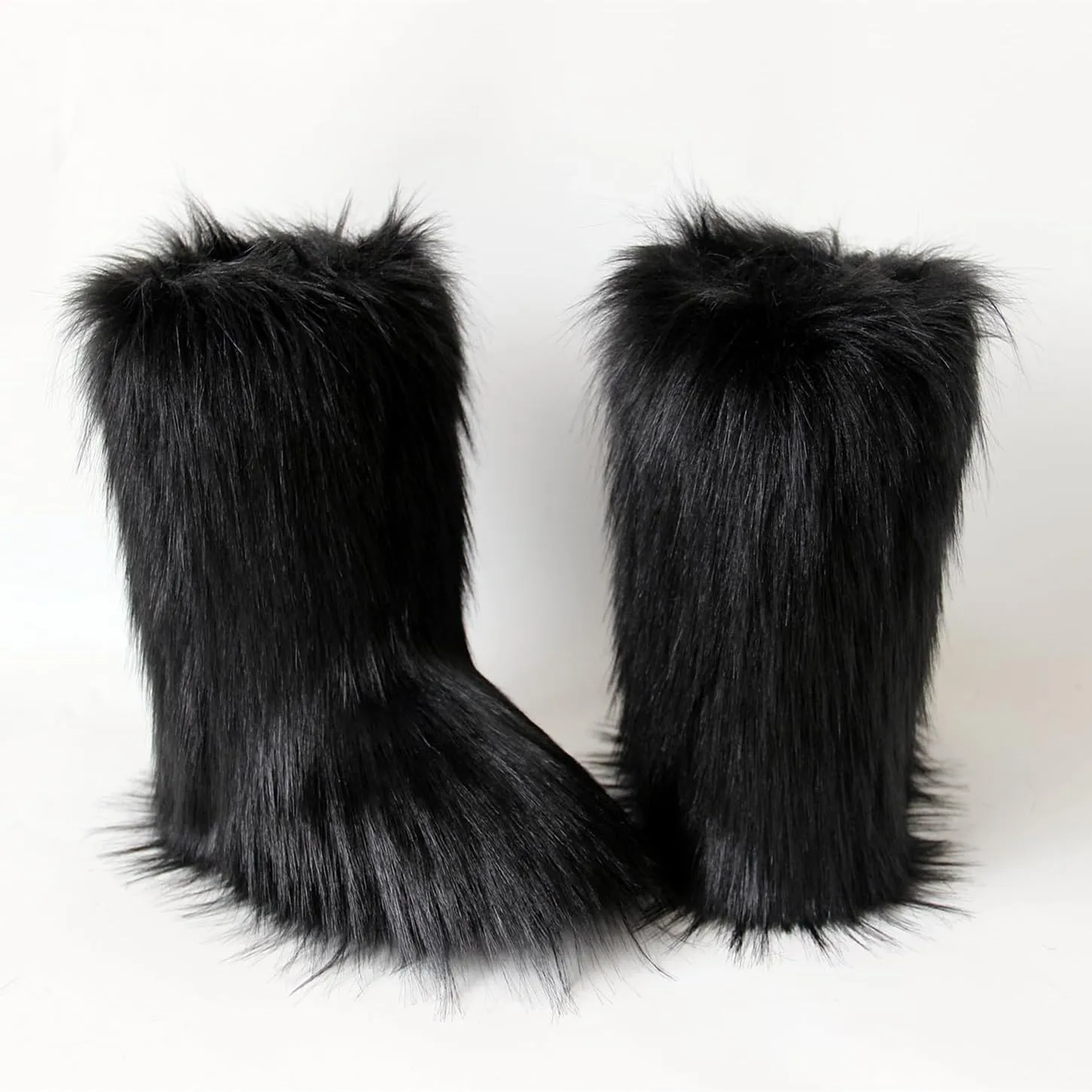 QMFUR Women's Furry Faux Fur Boots Fuzzy Fluffy Mid Calf Snow Boots Suede Warm Fur Lined Booties Flat Fashion Boots