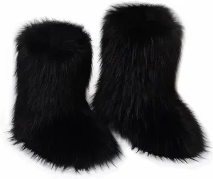 QMFUR Women's Furry Faux Fur Boots Fuzzy Fluffy Mid Calf Snow Boots Suede Warm Fur Lined Booties Flat Fashion Boots