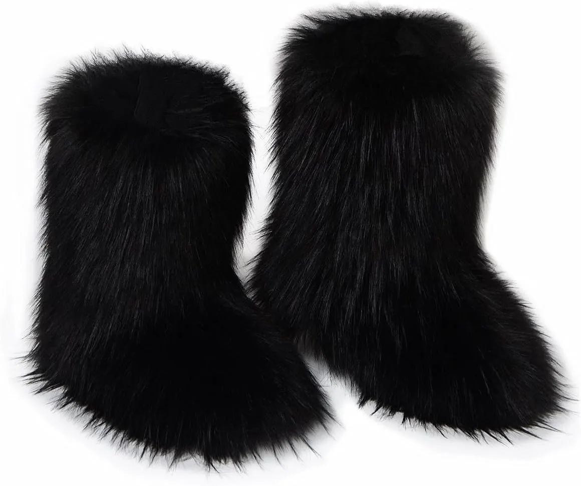 QMFUR Women's Furry Faux Fur Boots Fuzzy Fluffy Mid Calf Snow Boots Suede Warm Fur Lined Booties Flat Fashion Boots