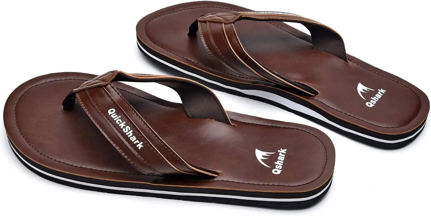 Quickshark Mens Flip Flops Leather Thong Sandals Arch Support Beach Slippers