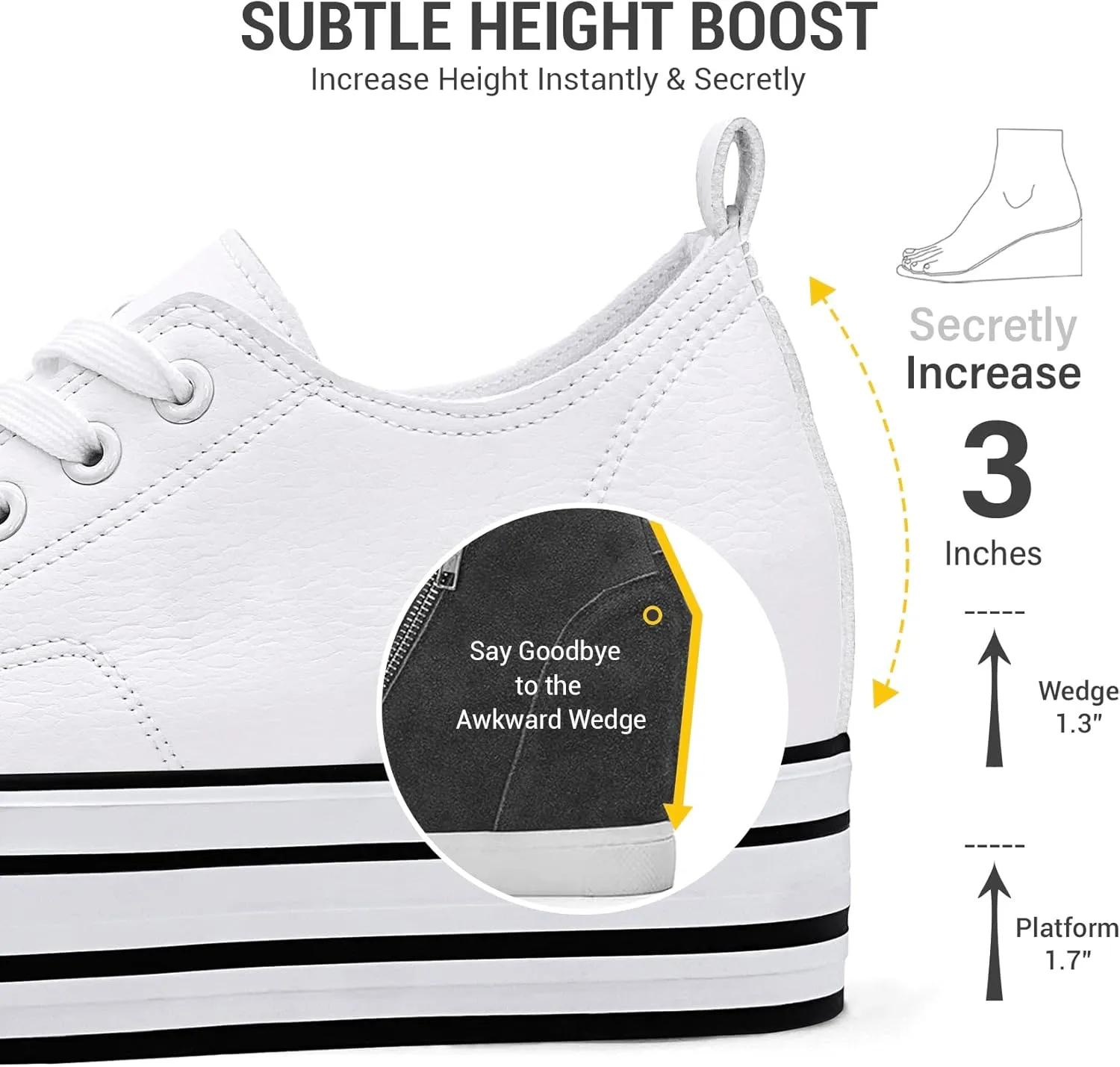 REFRASE LIFE Womens Platform Wedge Sneakers 3 Inches Height Boost Hidden Heel Shoes, Casual Height Increase Walking Fashion Shoes for Women and Girls