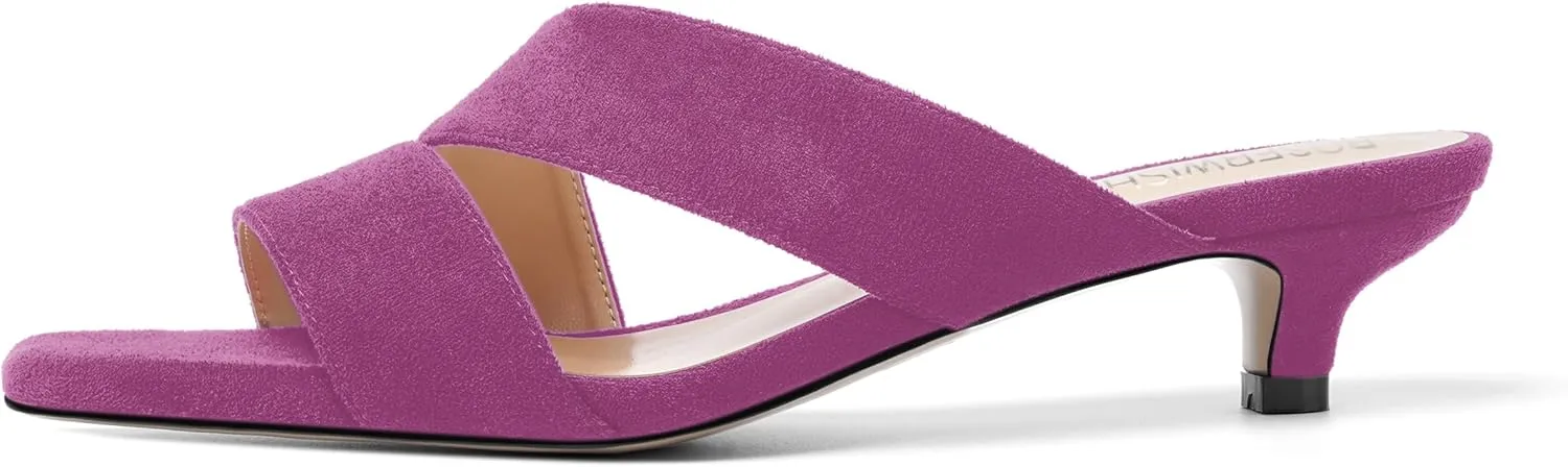 ROSERWISH Womens Casual Suede Comfortable Party Slip On Square Toe Kitten Low Heel Heeled Sandals 1.5 Inch