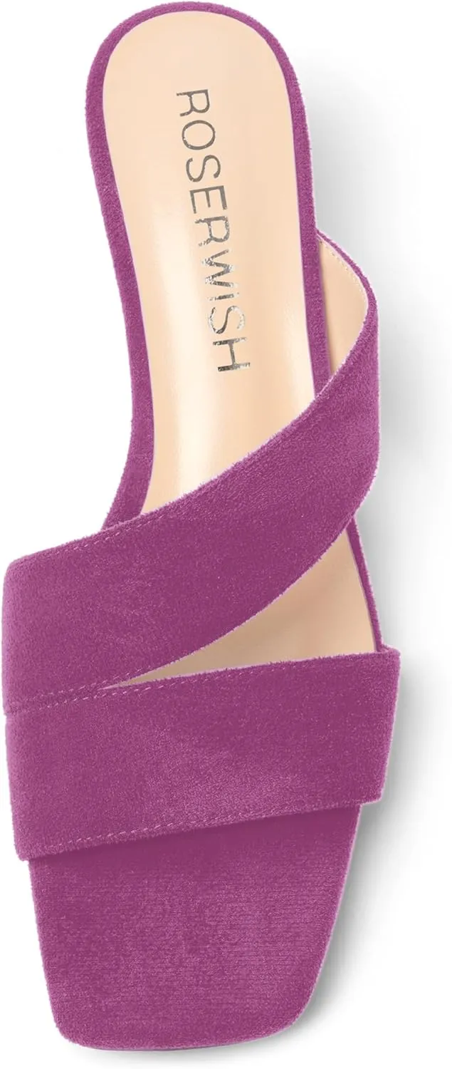 ROSERWISH Womens Casual Suede Comfortable Party Slip On Square Toe Kitten Low Heel Heeled Sandals 1.5 Inch