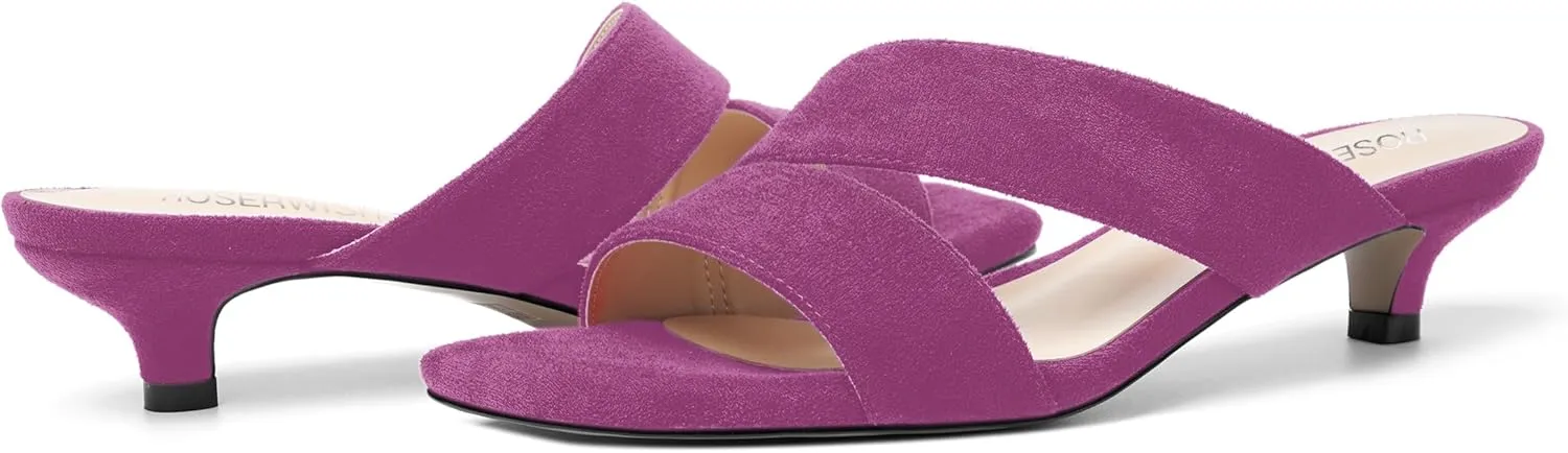 ROSERWISH Womens Casual Suede Comfortable Party Slip On Square Toe Kitten Low Heel Heeled Sandals 1.5 Inch
