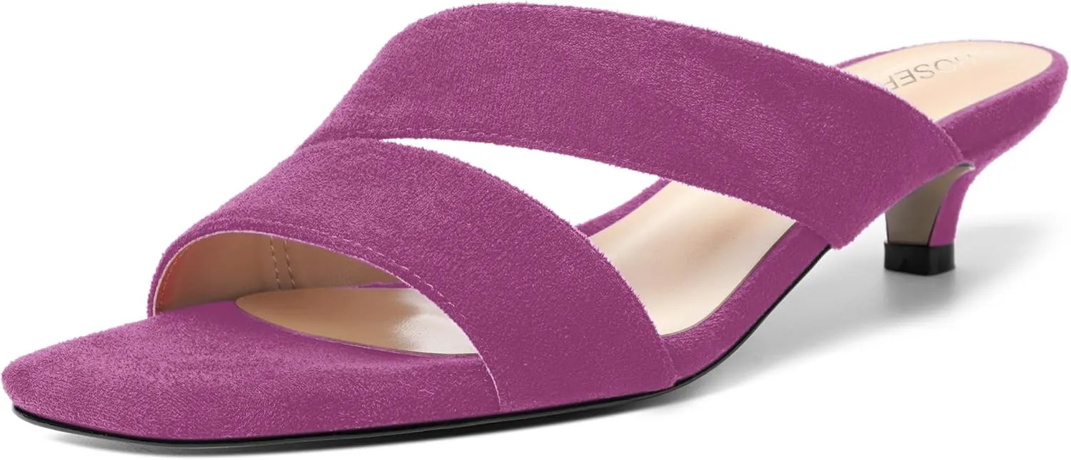ROSERWISH Womens Casual Suede Comfortable Party Slip On Square Toe Kitten Low Heel Heeled Sandals 1.5 Inch