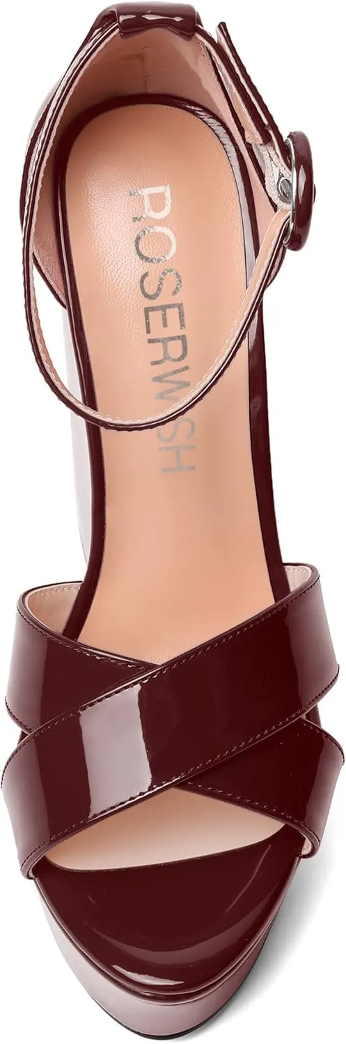 ROSERWISH Womens Evening Buckle Platform Ankle Strap Dressy Open Toe Sexy Patent Wedge High Heel Heeled Sandals 6 Inch