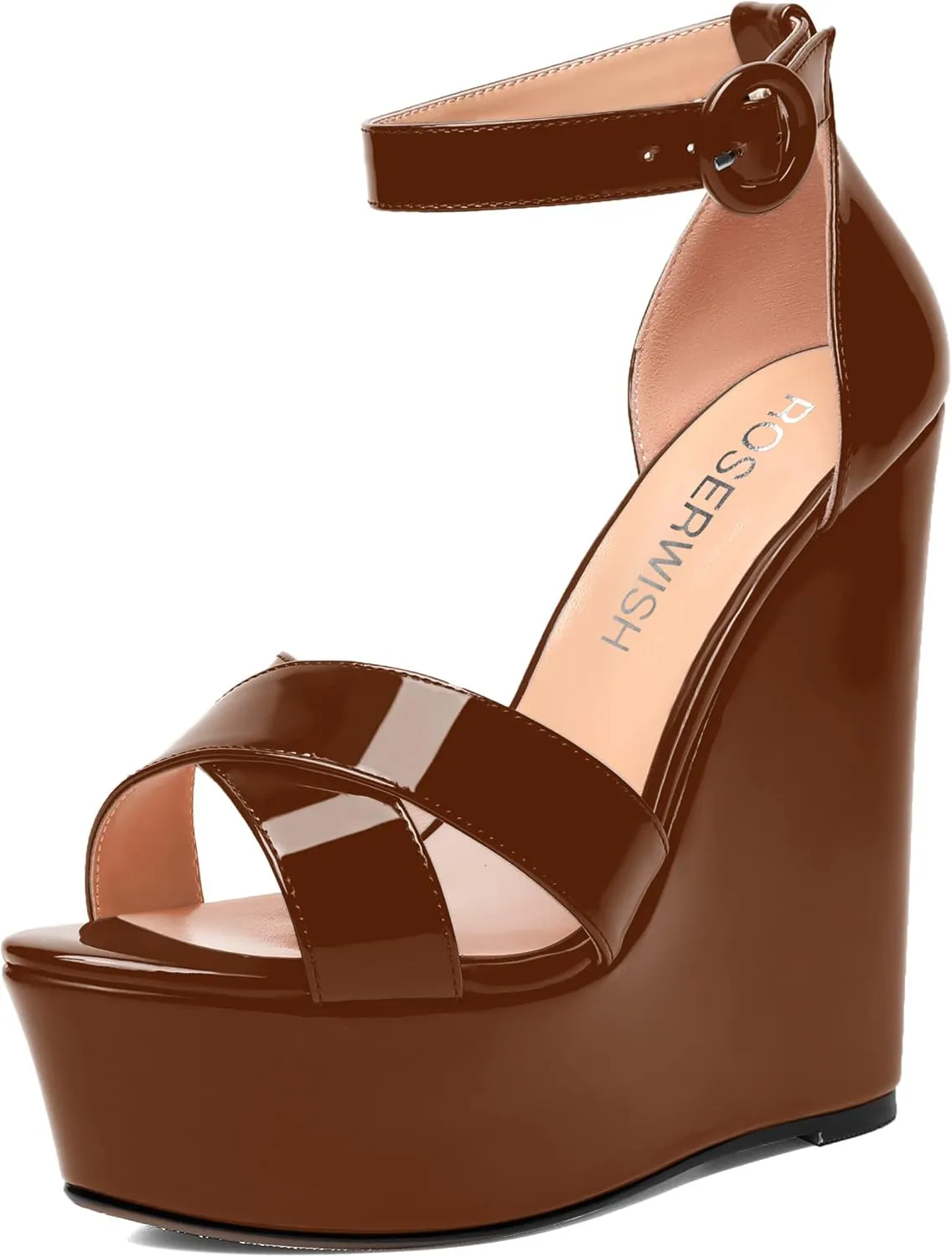 ROSERWISH Womens Evening Buckle Platform Ankle Strap Dressy Open Toe Sexy Patent Wedge High Heel Heeled Sandals 6 Inch