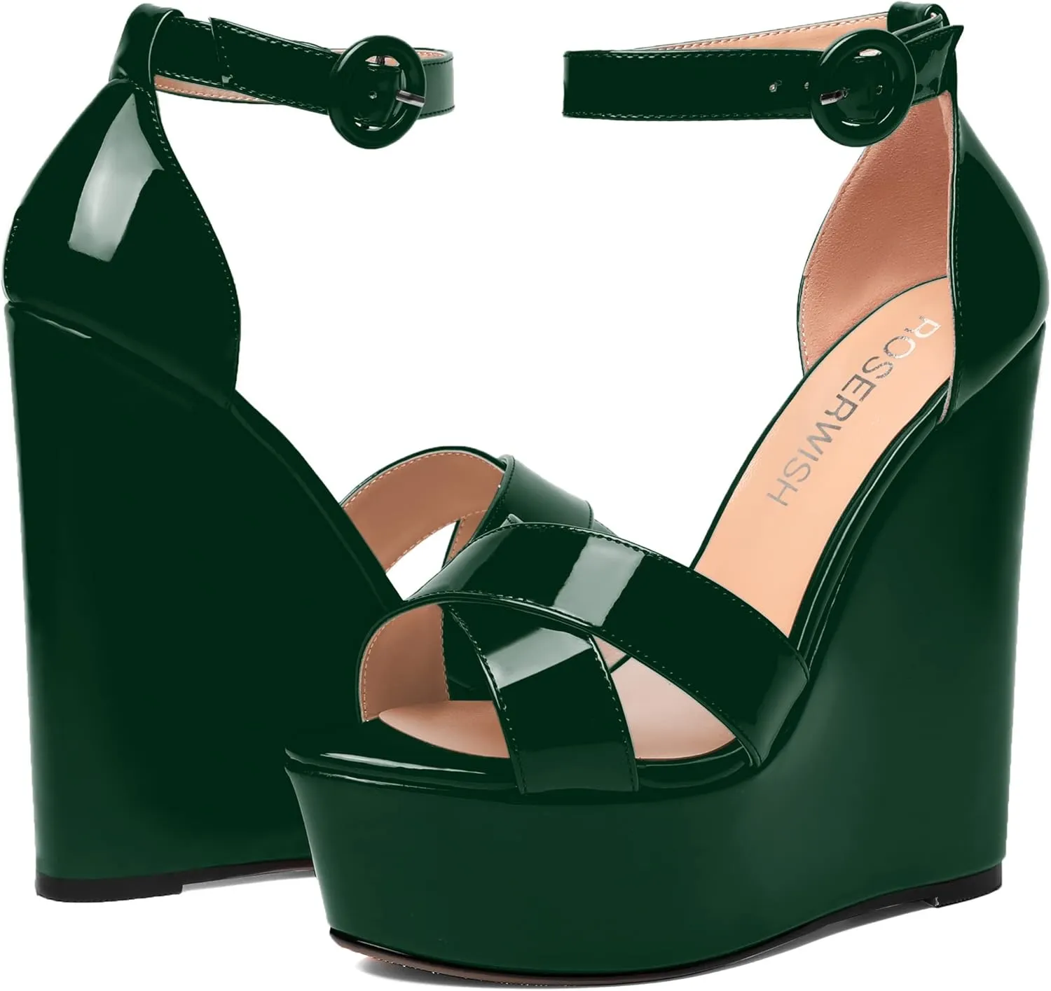 ROSERWISH Womens Evening Buckle Platform Ankle Strap Dressy Open Toe Sexy Patent Wedge High Heel Heeled Sandals 6 Inch