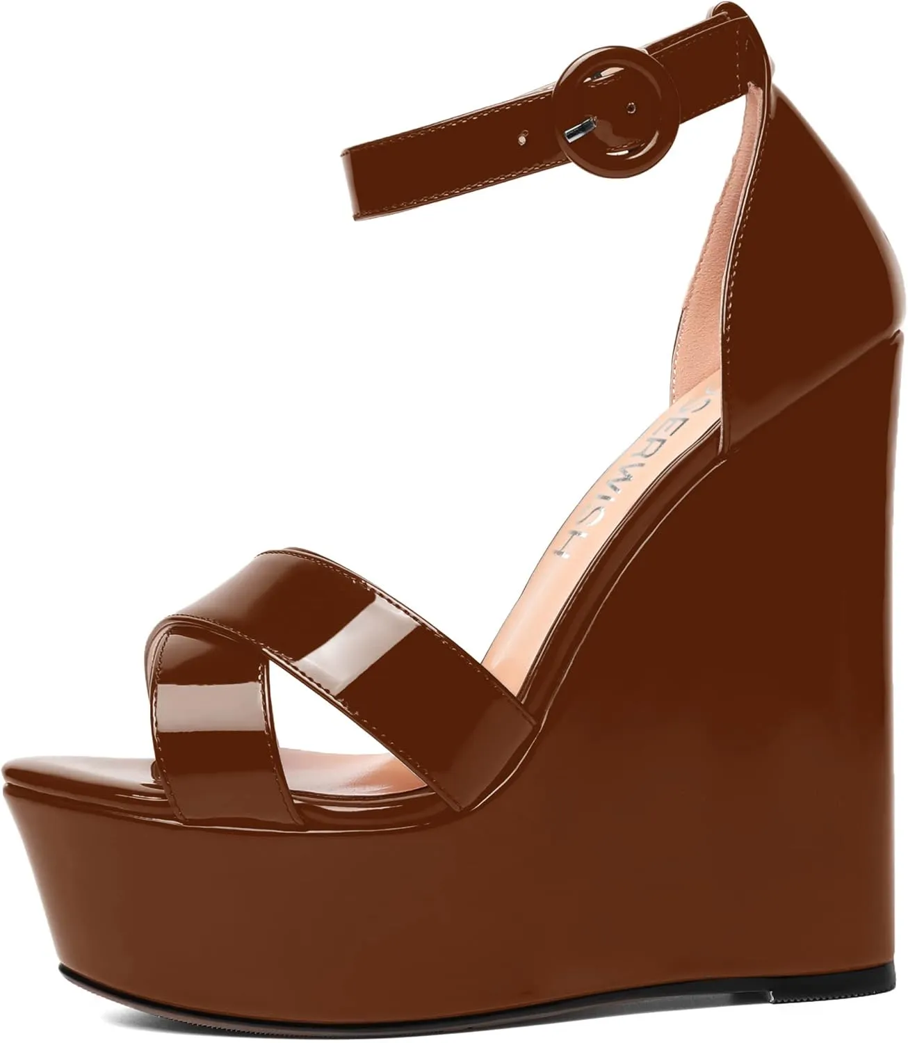 ROSERWISH Womens Evening Buckle Platform Ankle Strap Dressy Open Toe Sexy Patent Wedge High Heel Heeled Sandals 6 Inch
