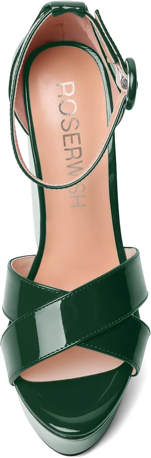 ROSERWISH Womens Evening Buckle Platform Ankle Strap Dressy Open Toe Sexy Patent Wedge High Heel Heeled Sandals 6 Inch