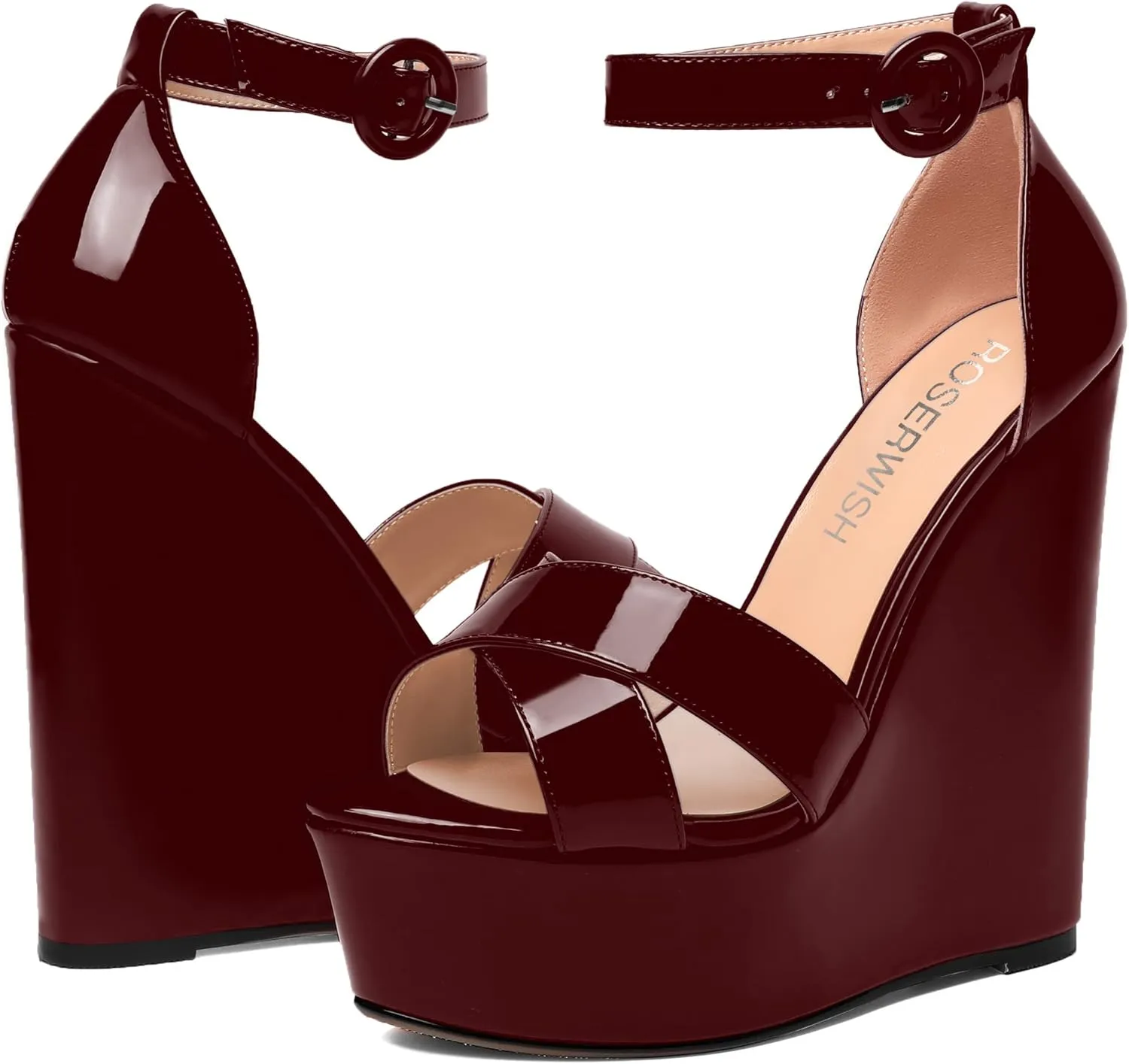 ROSERWISH Womens Evening Buckle Platform Ankle Strap Dressy Open Toe Sexy Patent Wedge High Heel Heeled Sandals 6 Inch