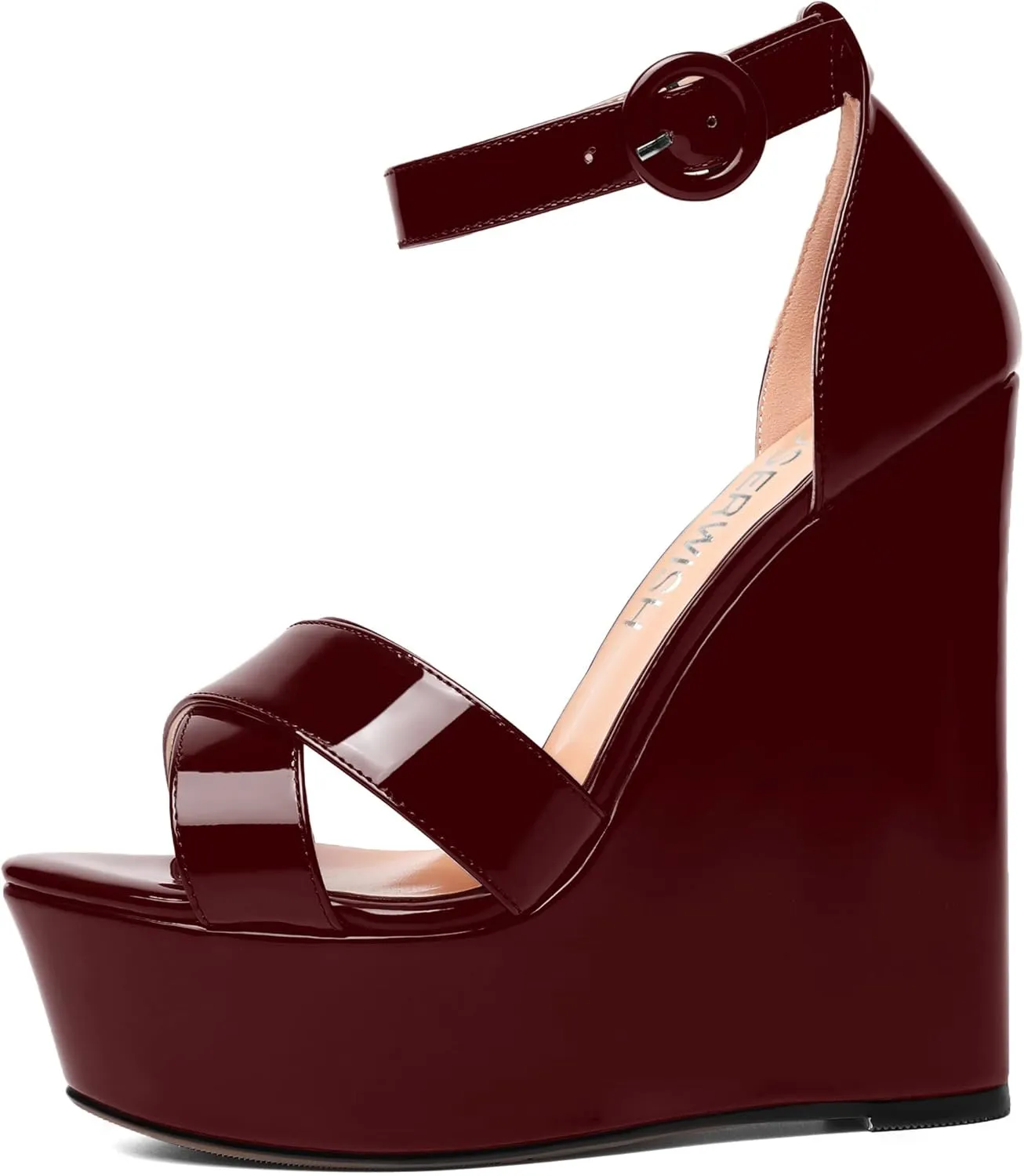 ROSERWISH Womens Evening Buckle Platform Ankle Strap Dressy Open Toe Sexy Patent Wedge High Heel Heeled Sandals 6 Inch