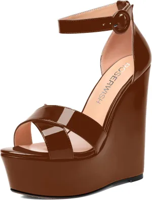 ROSERWISH Womens Evening Buckle Platform Ankle Strap Dressy Open Toe Sexy Patent Wedge High Heel Heeled Sandals 6 Inch