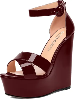 ROSERWISH Womens Evening Buckle Platform Ankle Strap Dressy Open Toe Sexy Patent Wedge High Heel Heeled Sandals 6 Inch