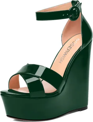 ROSERWISH Womens Evening Buckle Platform Ankle Strap Dressy Open Toe Sexy Patent Wedge High Heel Heeled Sandals 6 Inch