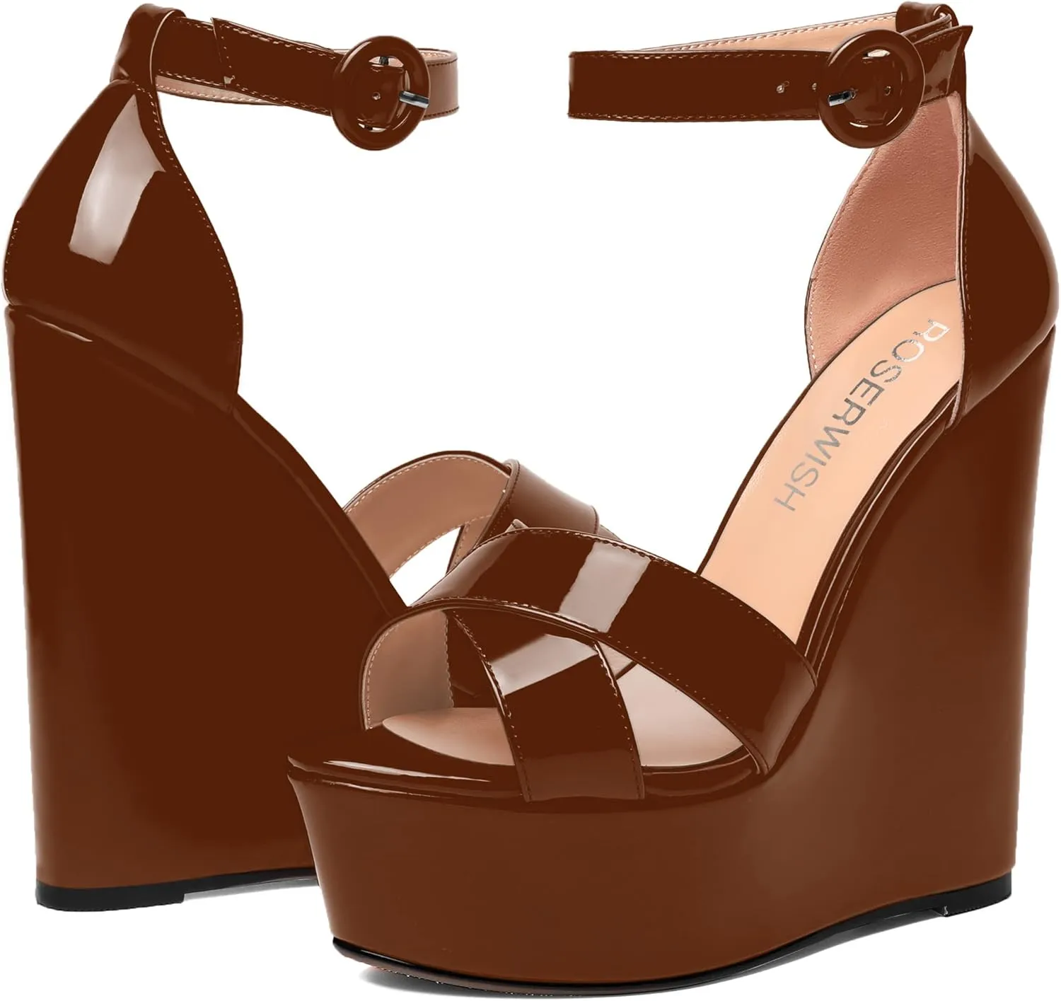 ROSERWISH Womens Evening Buckle Platform Ankle Strap Dressy Open Toe Sexy Patent Wedge High Heel Heeled Sandals 6 Inch