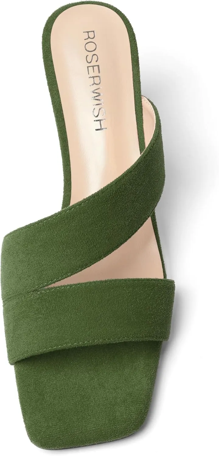 ROSERWISH Womens Fahion Dating Suede Slip On Open Toe Dress Chunky Low Heel Heeled Sandals 2 Inch